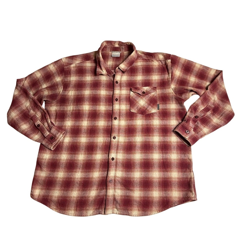 Columbia Mens Plaid Flannel Long Sleeve Button Up Shirt Red Cream XXL-968
